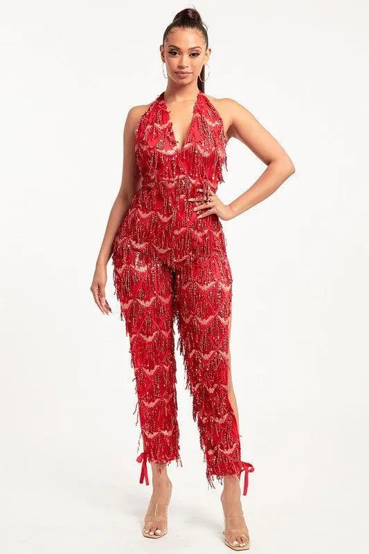 Fringe sequin slit leg jumpsuit