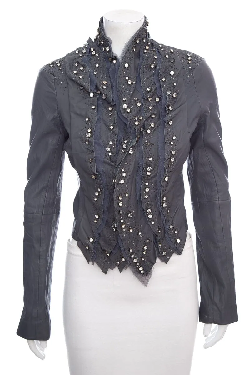 Givenchy Gray Leather Mesh & Embellished Moto Jacket SZ 38