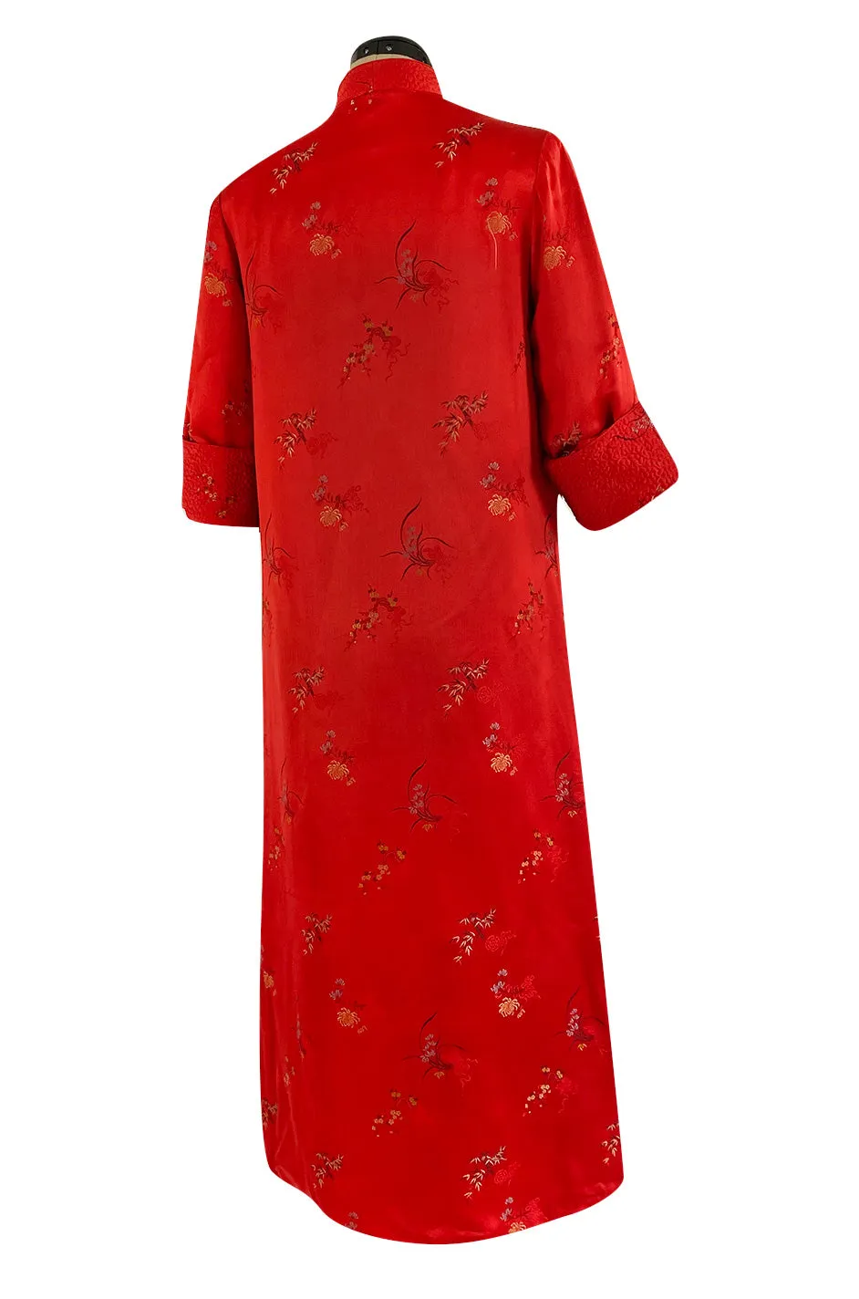 Gorgeous 1950s Red Silk Embroidered Asian Evening Coat w Top Stitched Cuffs & Collar
