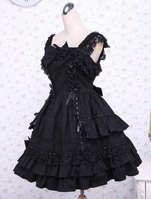Gothic Lolita Dress JSK Black Ruffles Bow Lace Trim Lolita Jumper Skirt