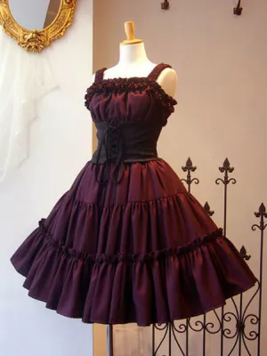 Gothic Lolita JSK Dress Ruffle Pleated Lace Up Black Lolita Jumper Skirt