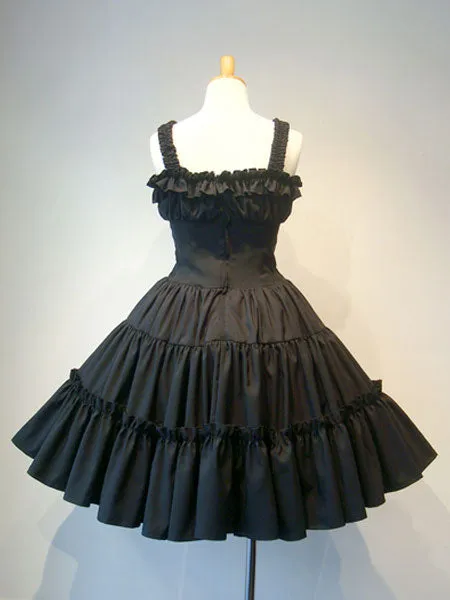 Gothic Lolita JSK Dress Ruffle Pleated Lace Up Black Lolita Jumper Skirt