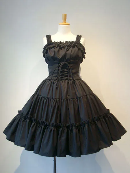 Gothic Lolita JSK Dress Ruffle Pleated Lace Up Black Lolita Jumper Skirt