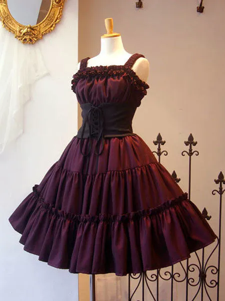 Gothic Lolita JSK Dress Ruffle Pleated Lace Up Black Lolita Jumper Skirt