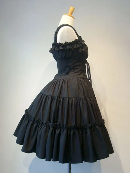 Gothic Lolita JSK Dress Ruffle Pleated Lace Up Black Lolita Jumper Skirt