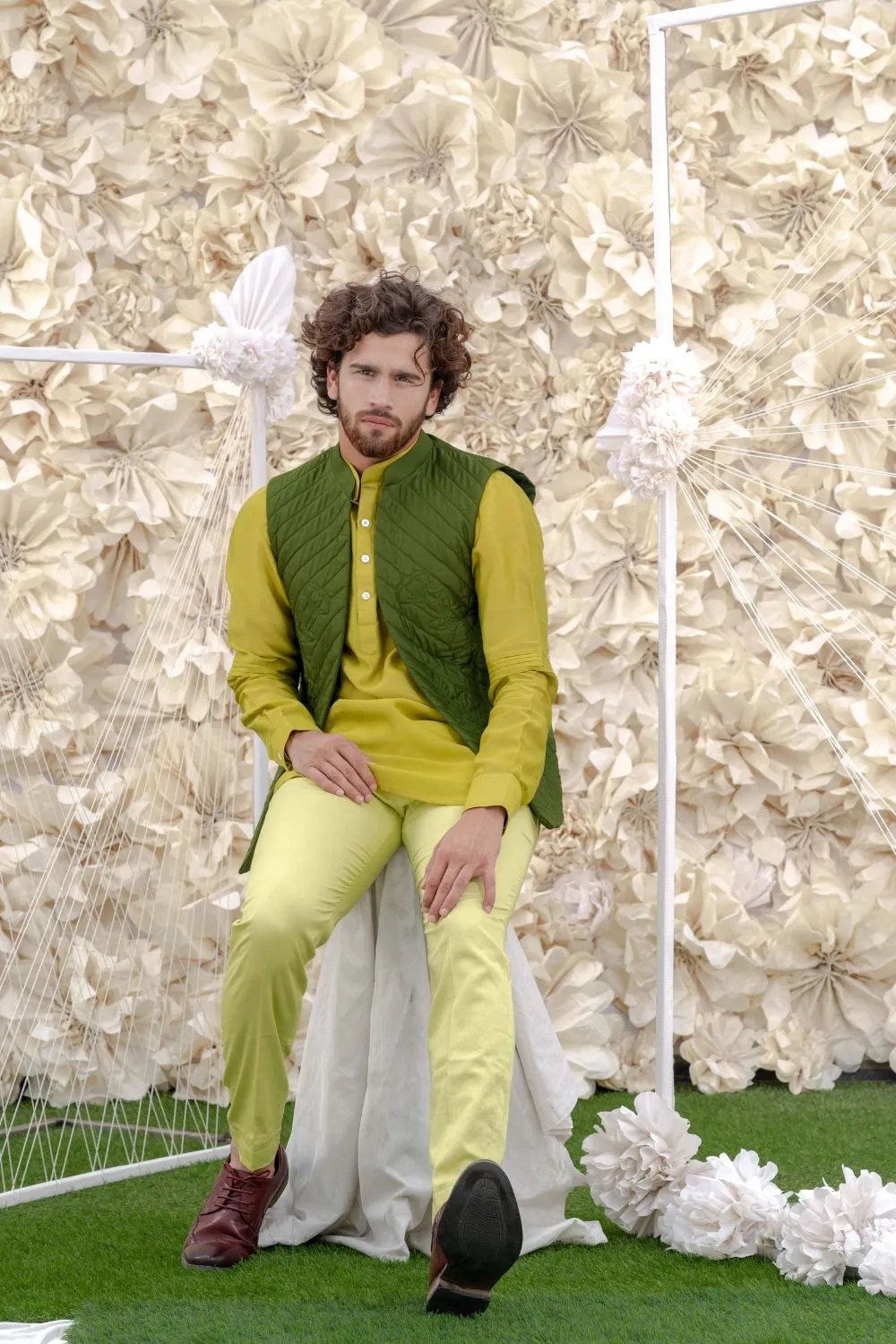 GREEN HANDQUILTED SILK HALF JACKET
