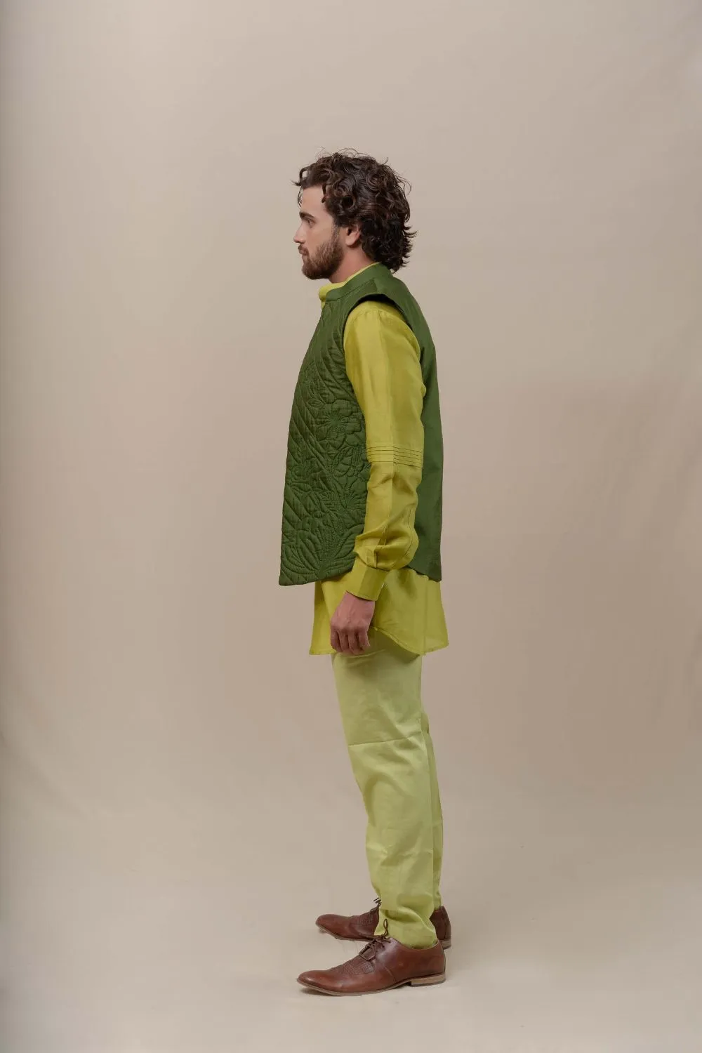 GREEN HANDQUILTED SILK HALF JACKET