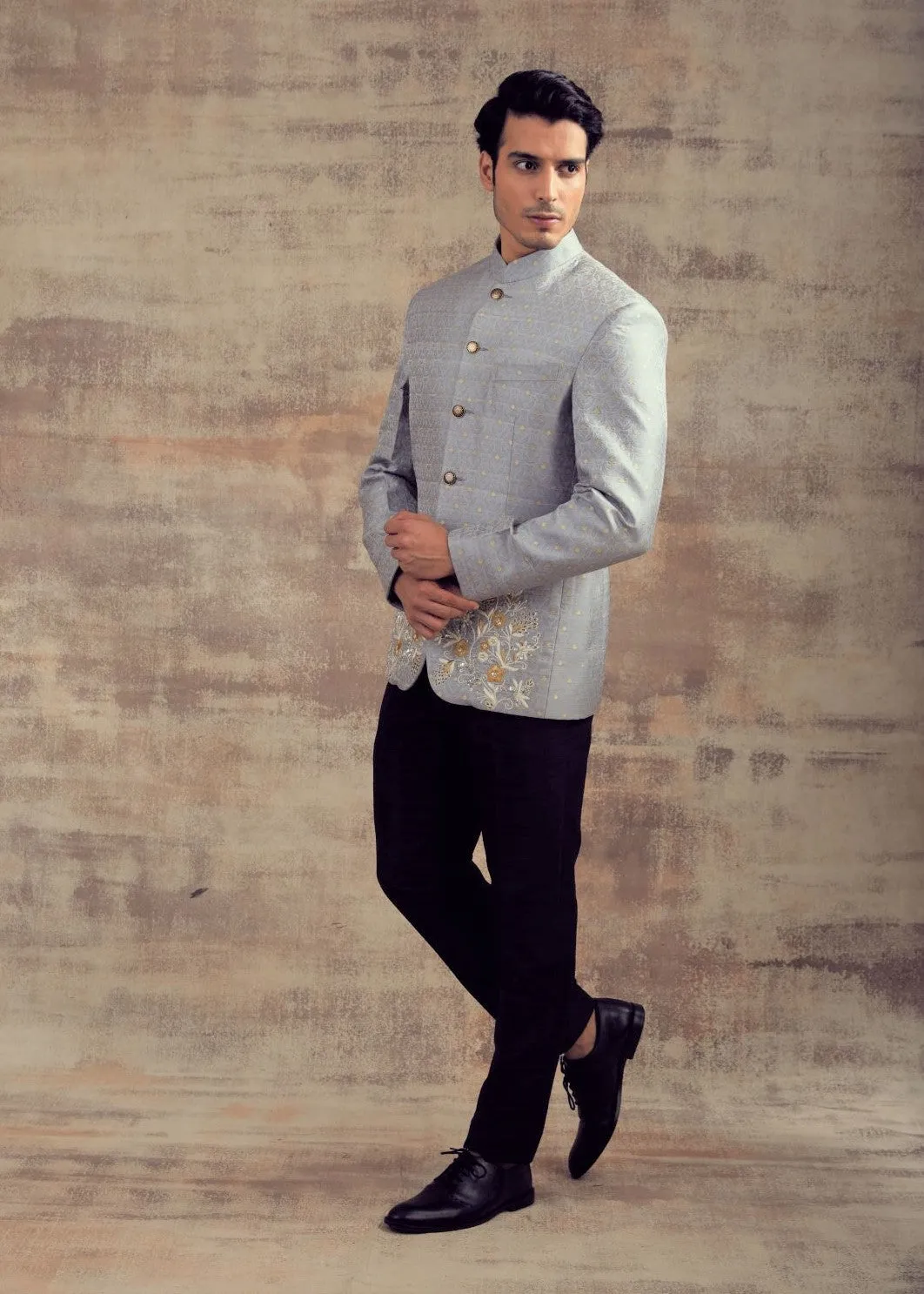 Grey Color Banarasi Silk Jodhpuri Jacket