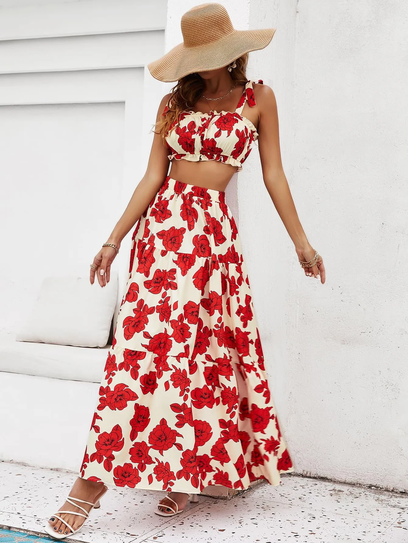 Hazel Blues® |  Floral Tie Shoulder Top and Tiered Maxi Skirt Set