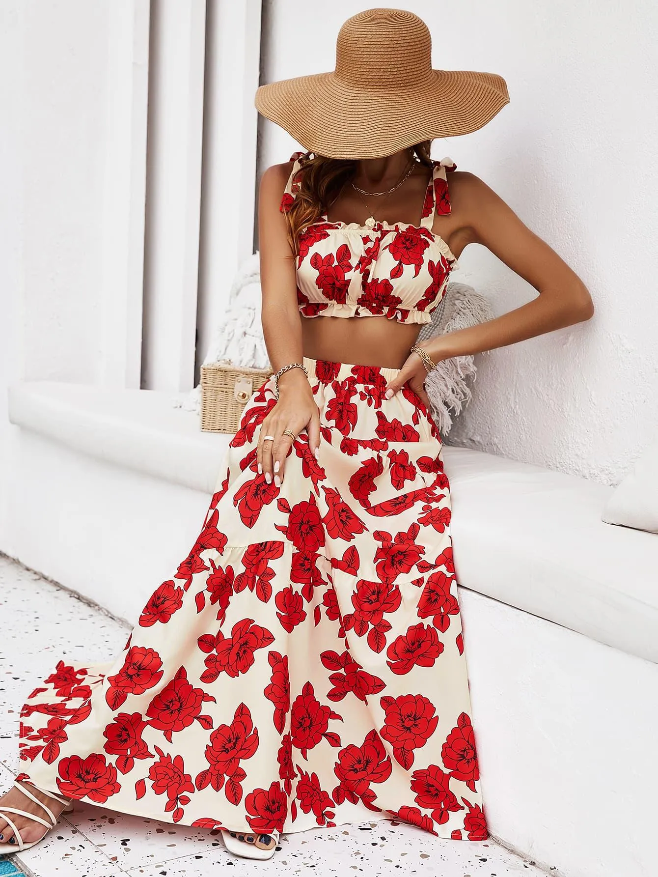 Hazel Blues® |  Floral Tie Shoulder Top and Tiered Maxi Skirt Set