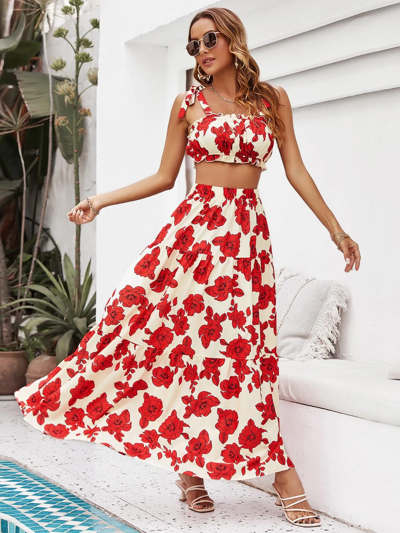 Hazel Blues® |  Floral Tie Shoulder Top and Tiered Maxi Skirt Set