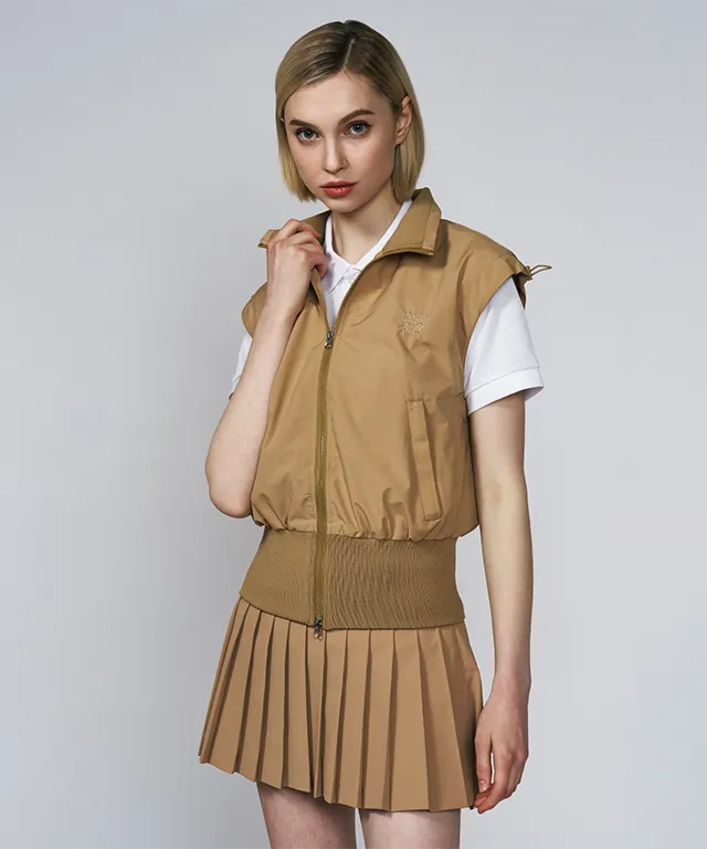 LENUCU Logo Banding Pleated Skirt - Beige