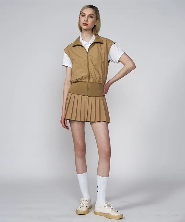 LENUCU Logo Banding Pleated Skirt - Beige