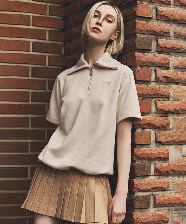 LENUCU Logo Banding Pleated Skirt - Beige