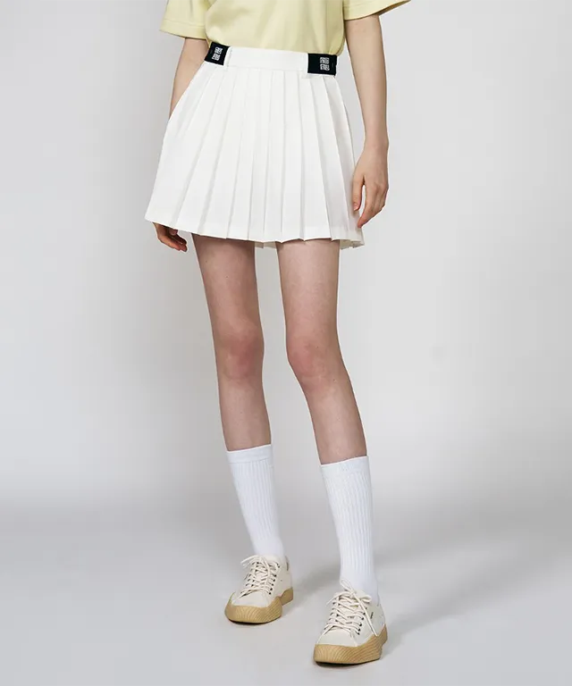 LENUCU Logo Banding Pleated Skirt - White