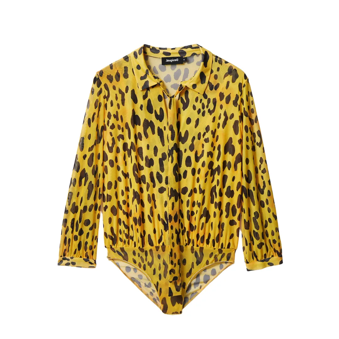 Leopard Print Tie Collar Bodysuit
