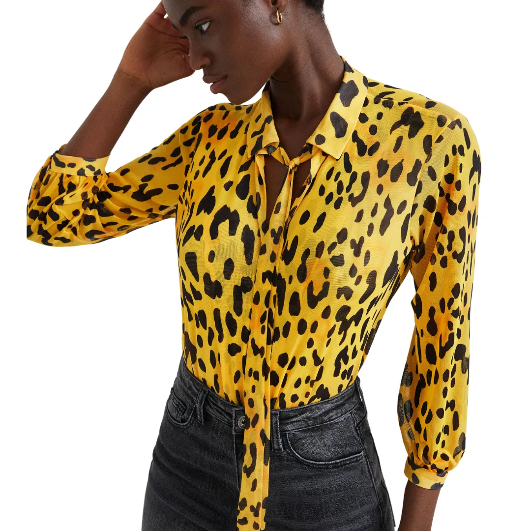 Leopard Print Tie Collar Bodysuit