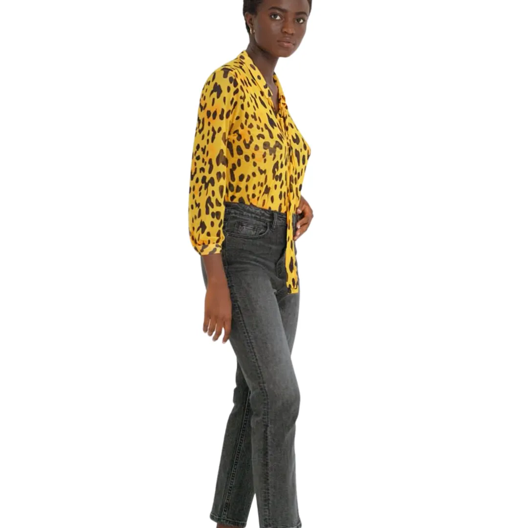 Leopard Print Tie Collar Bodysuit