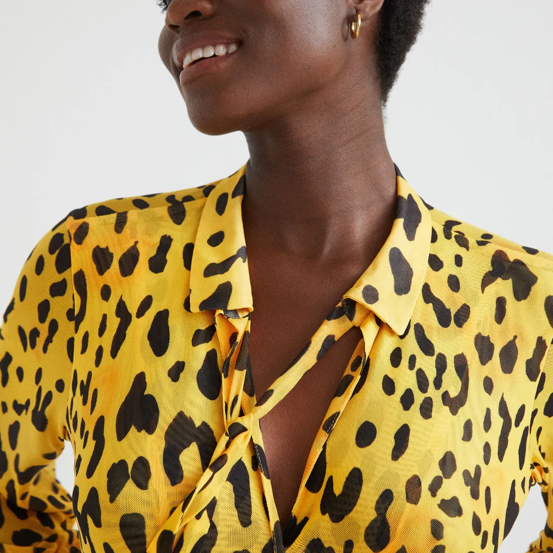 Leopard Print Tie Collar Bodysuit