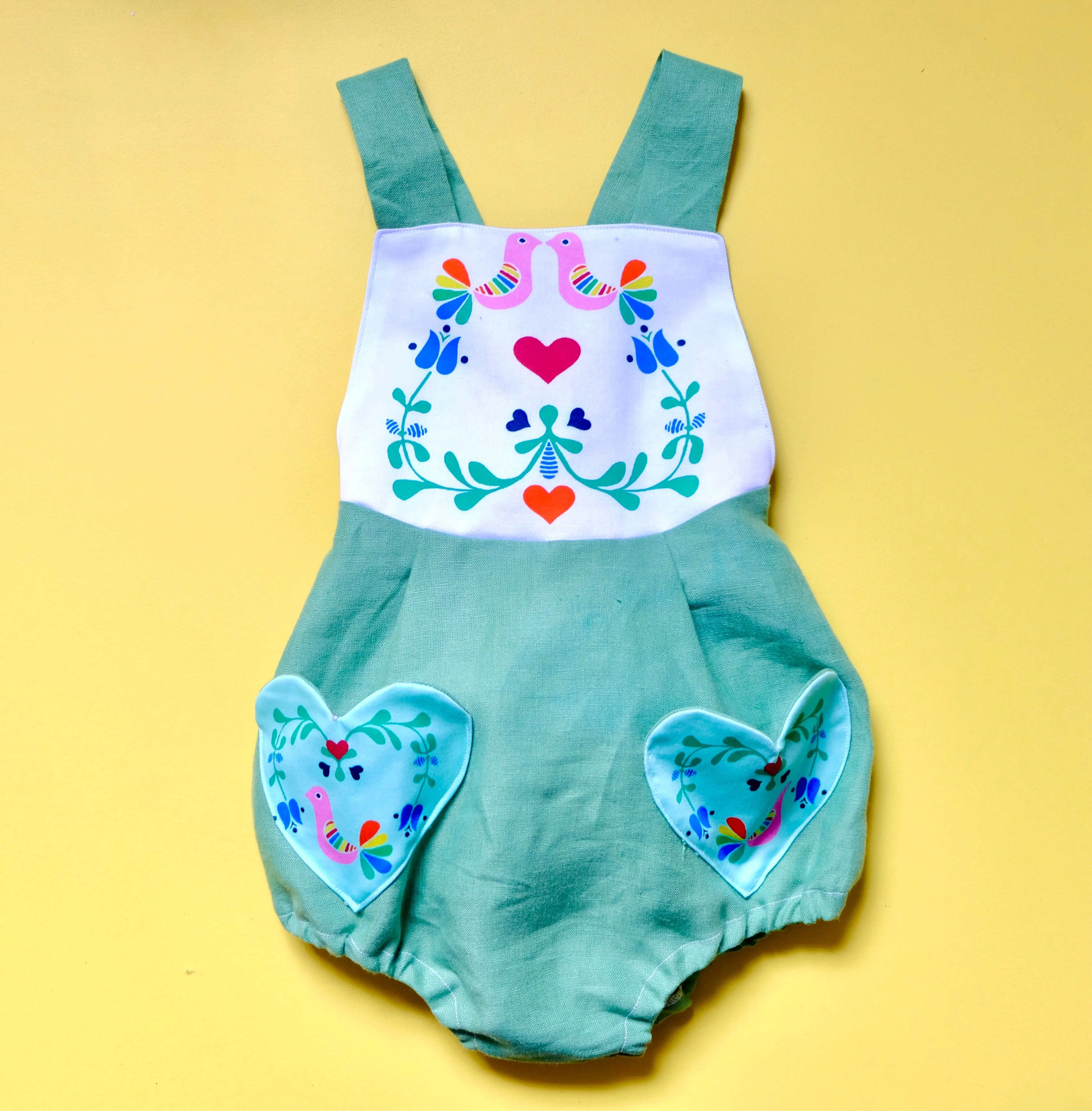 Love birds linen baby bubble romper in blue or mint