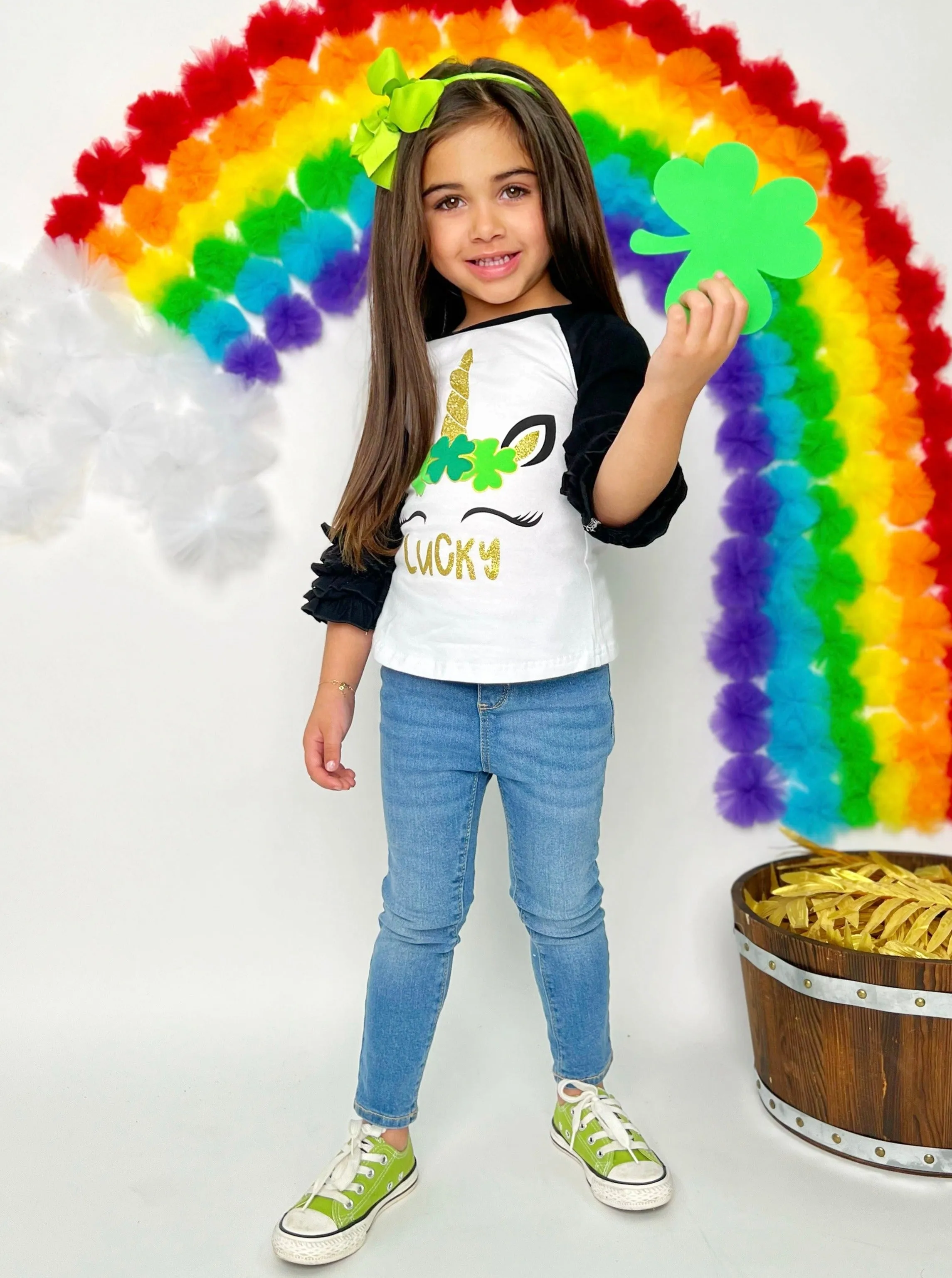 Lucky Girl Unicorn Ruffle Raglan Top