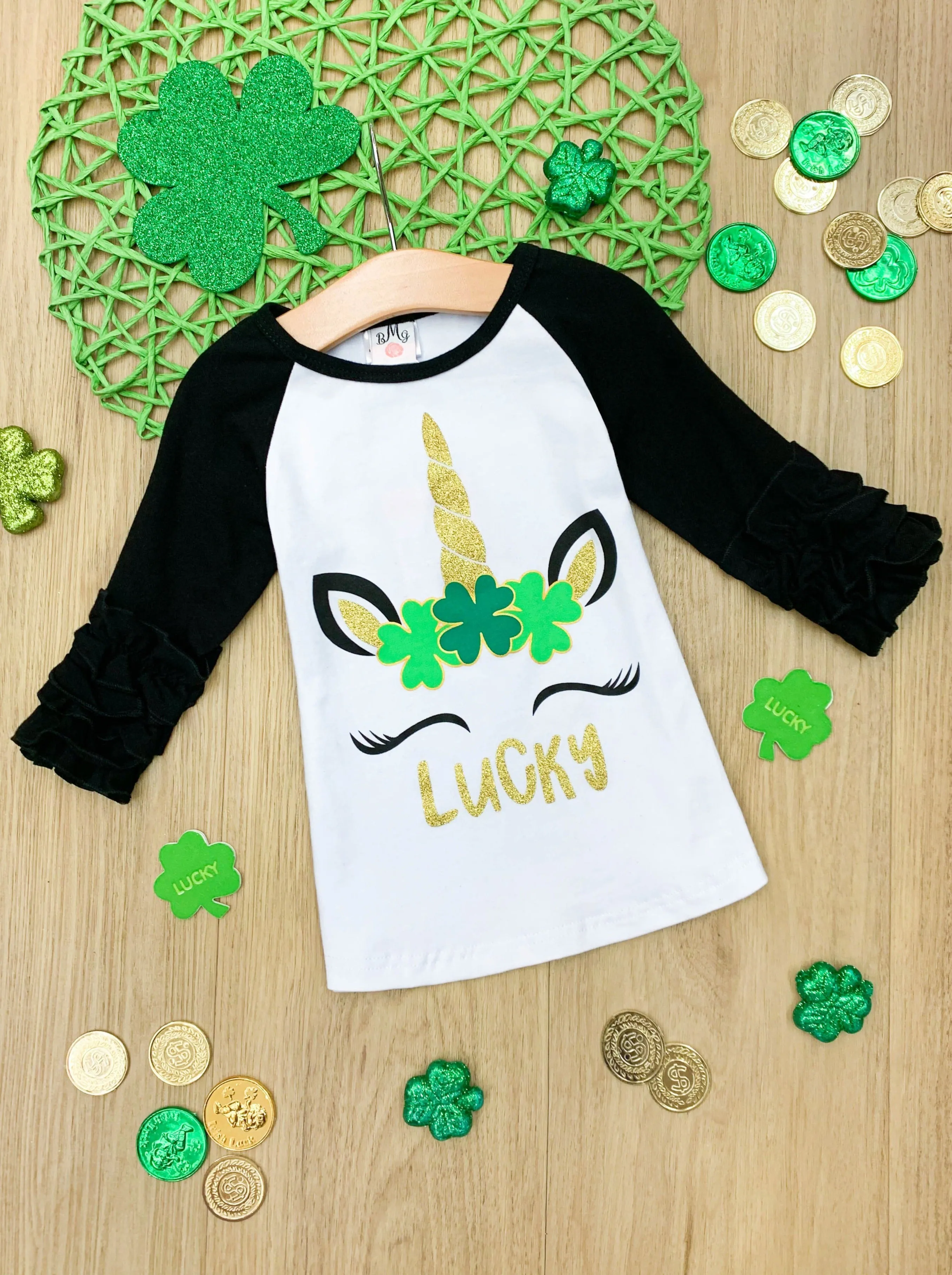 Lucky Girl Unicorn Ruffle Raglan Top