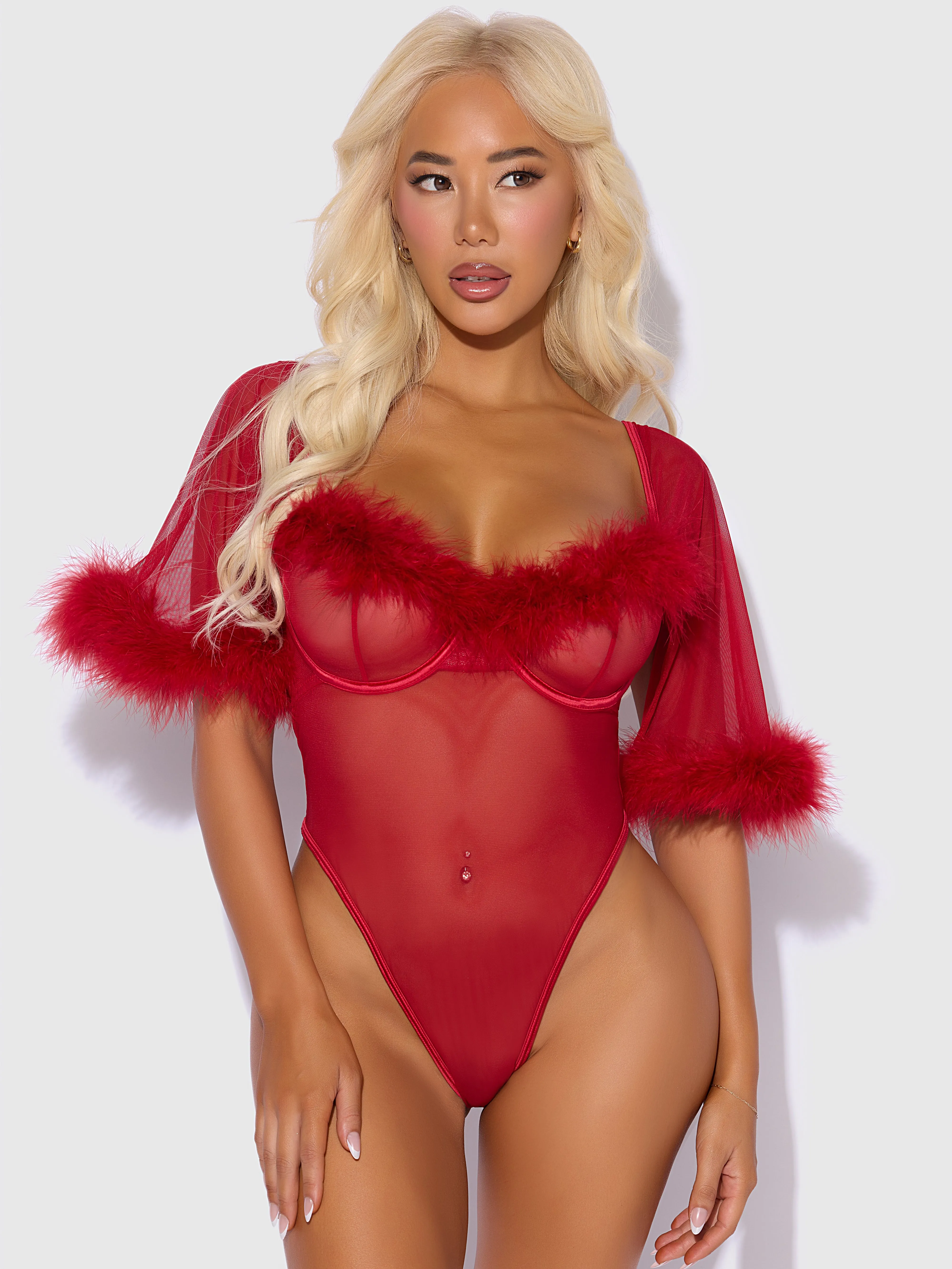 Marilyn Feather & Mesh Bell-Sleeved Bodysuit