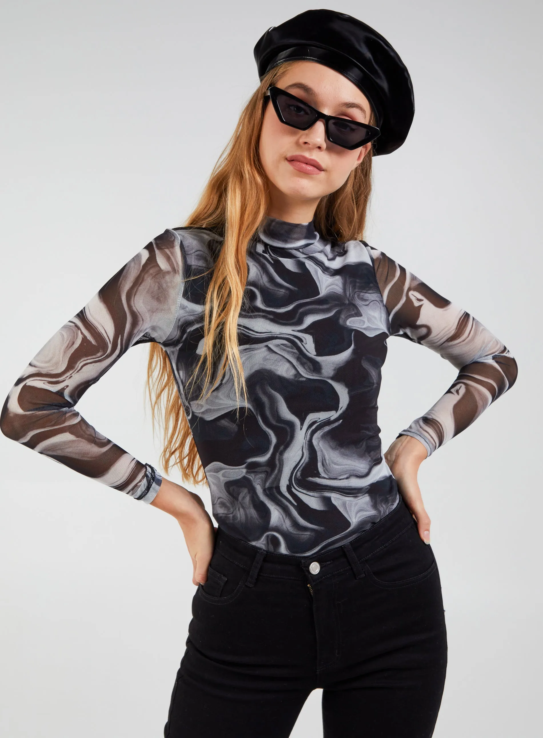 Mesh Marble High Neck Bodysuit