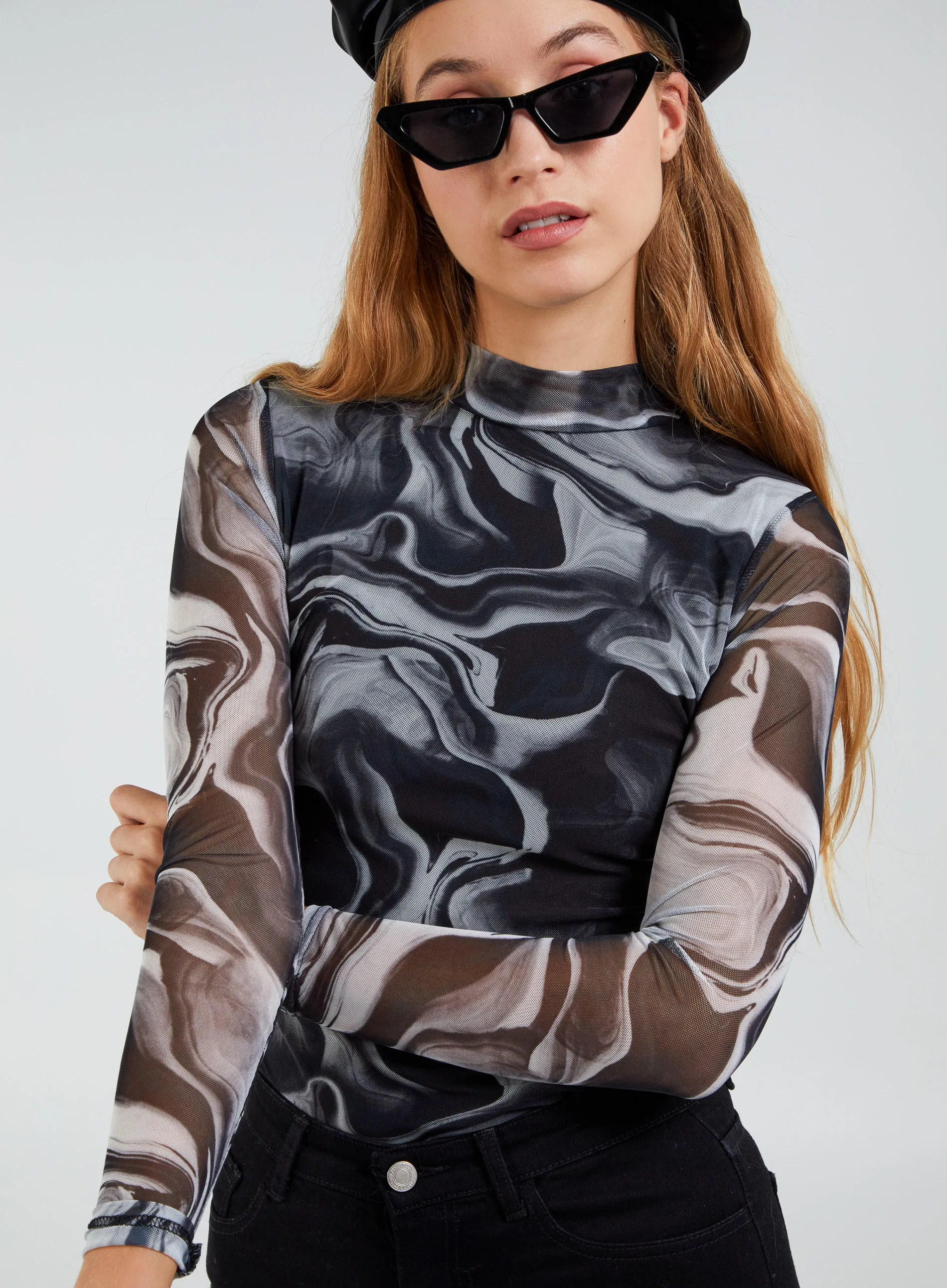 Mesh Marble High Neck Bodysuit