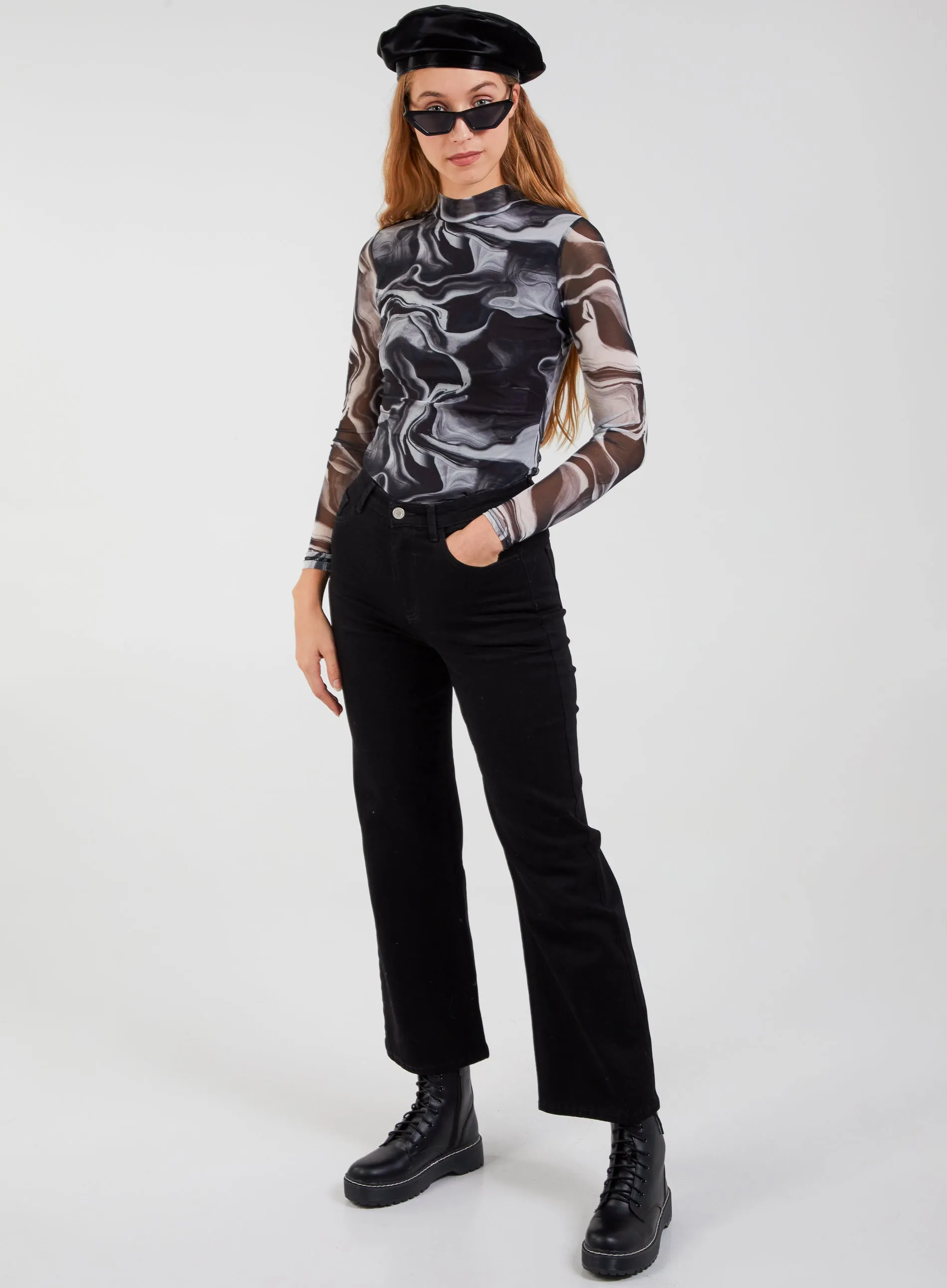 Mesh Marble High Neck Bodysuit