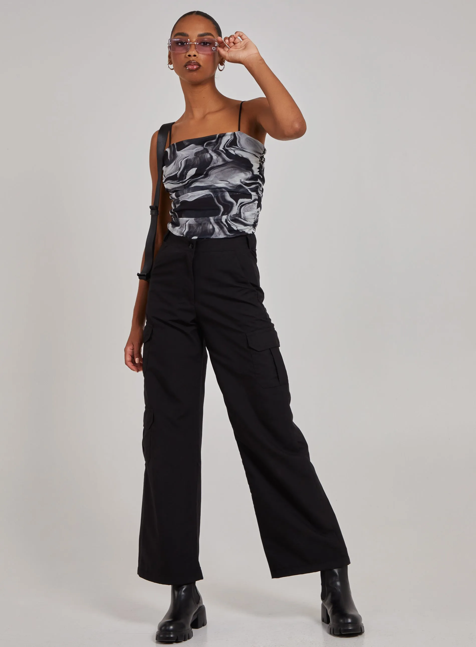 Mesh Marble Ruched Cami Strap Bodysuit