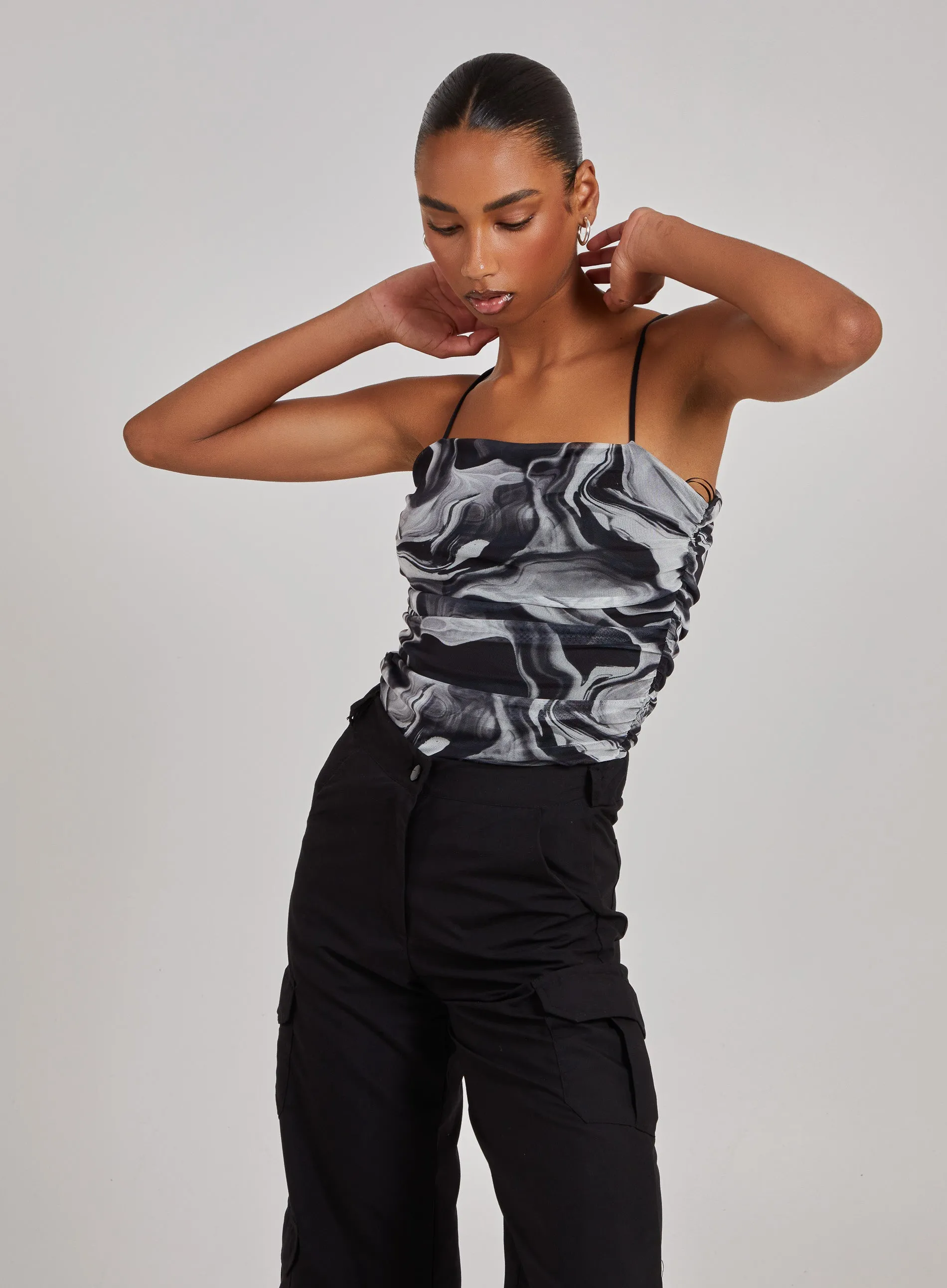 Mesh Marble Ruched Cami Strap Bodysuit