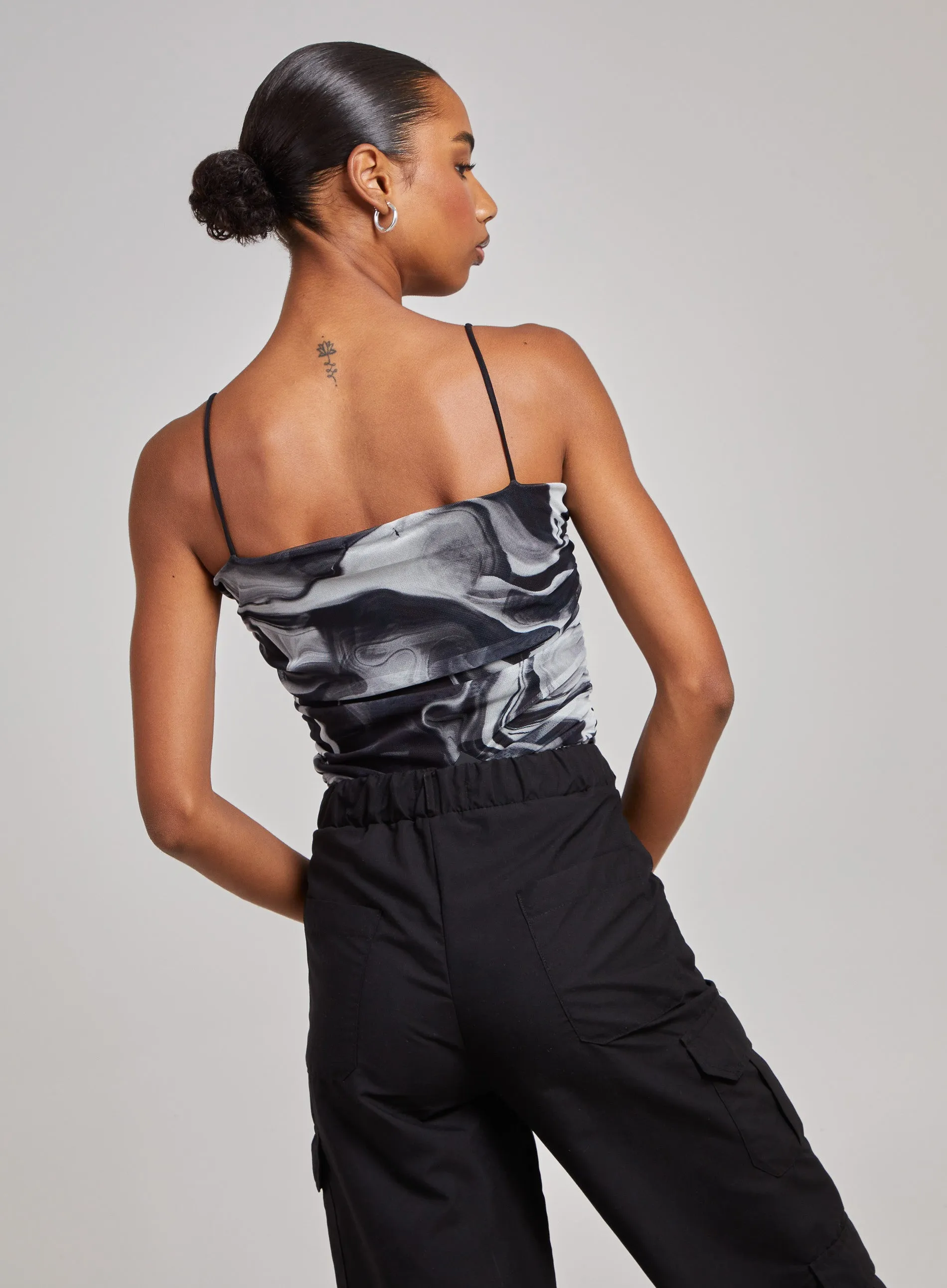 Mesh Marble Ruched Cami Strap Bodysuit