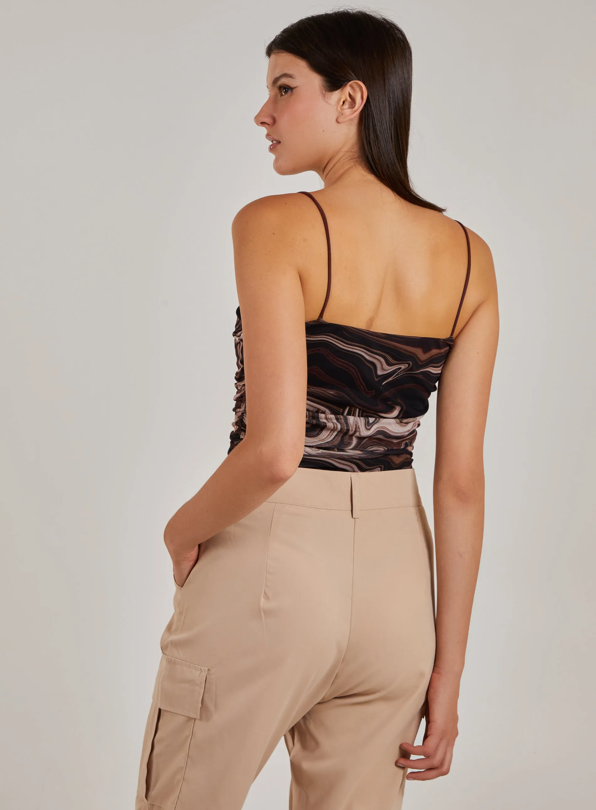 Mesh Marble Ruched Cami Strap Bodysuit