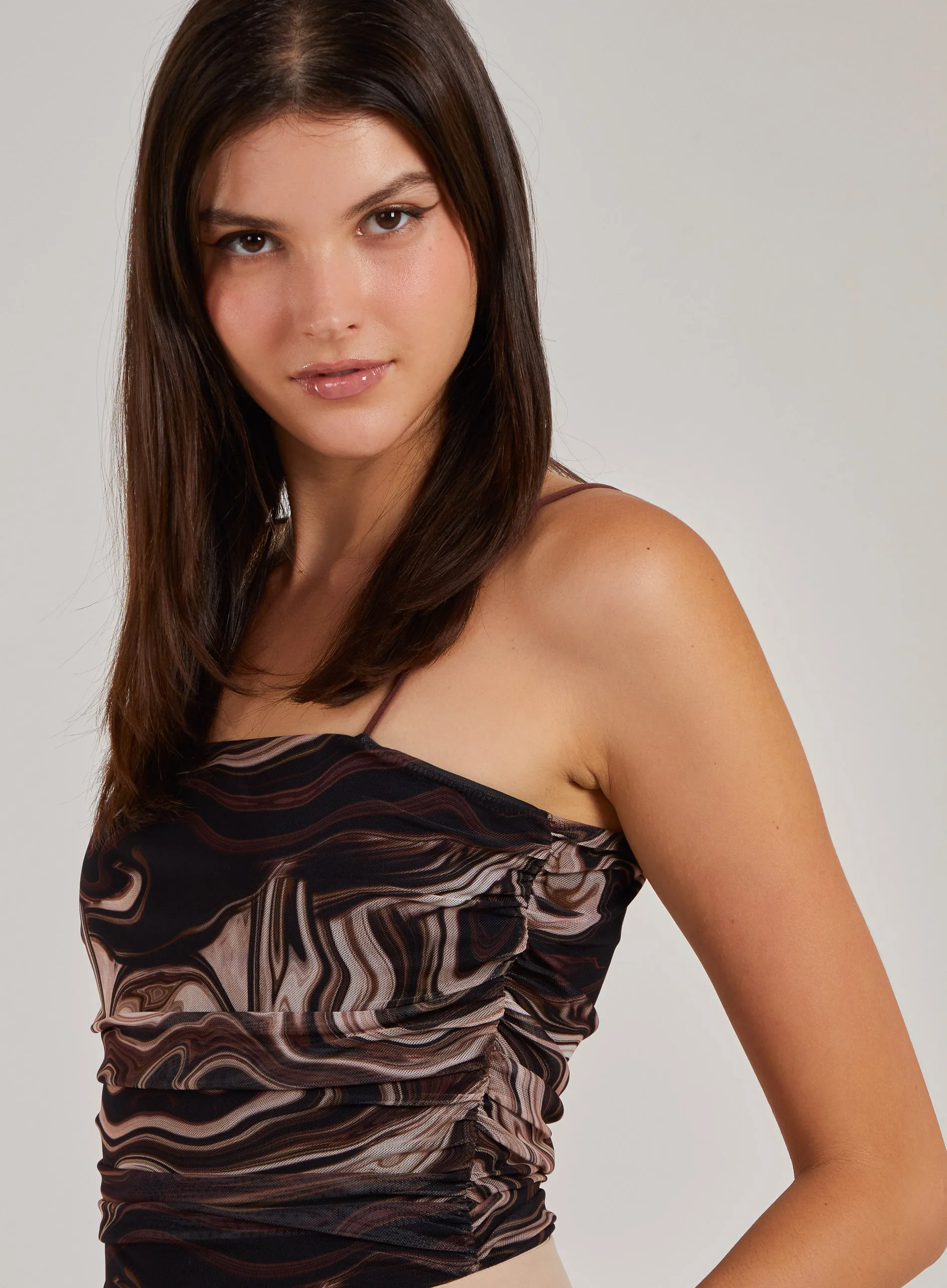 Mesh Marble Ruched Cami Strap Bodysuit