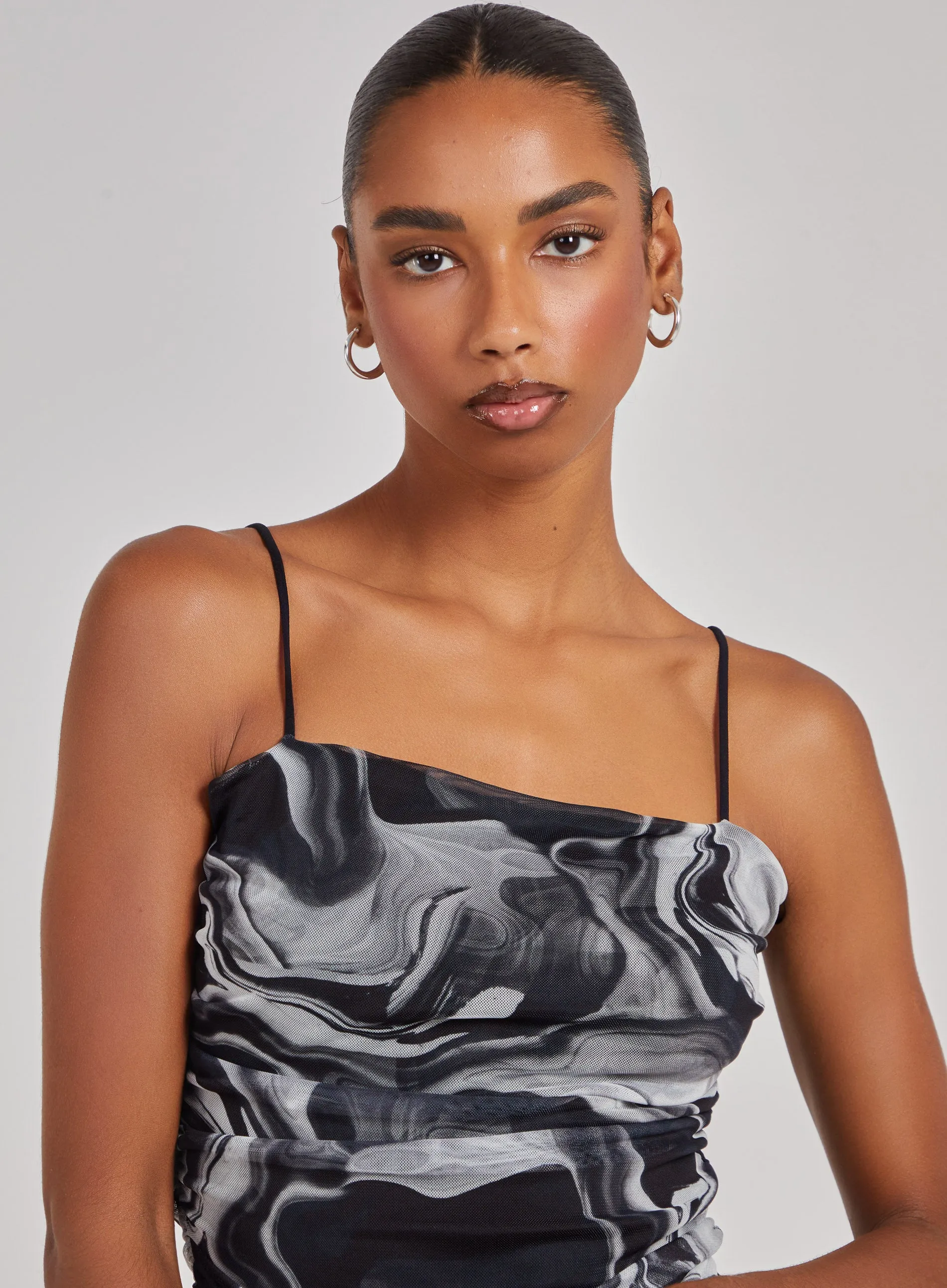Mesh Marble Ruched Cami Strap Bodysuit
