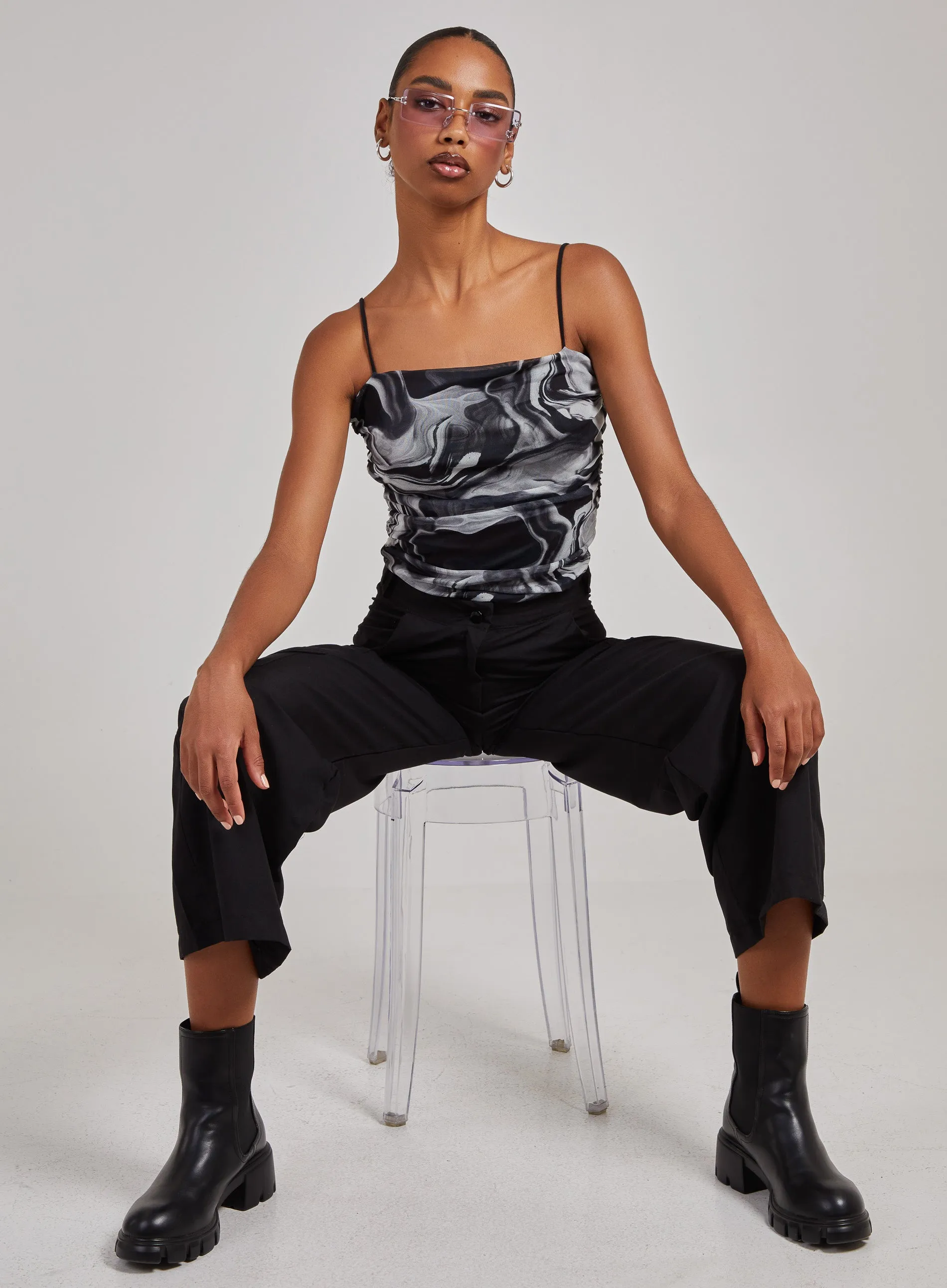 Mesh Marble Ruched Cami Strap Bodysuit