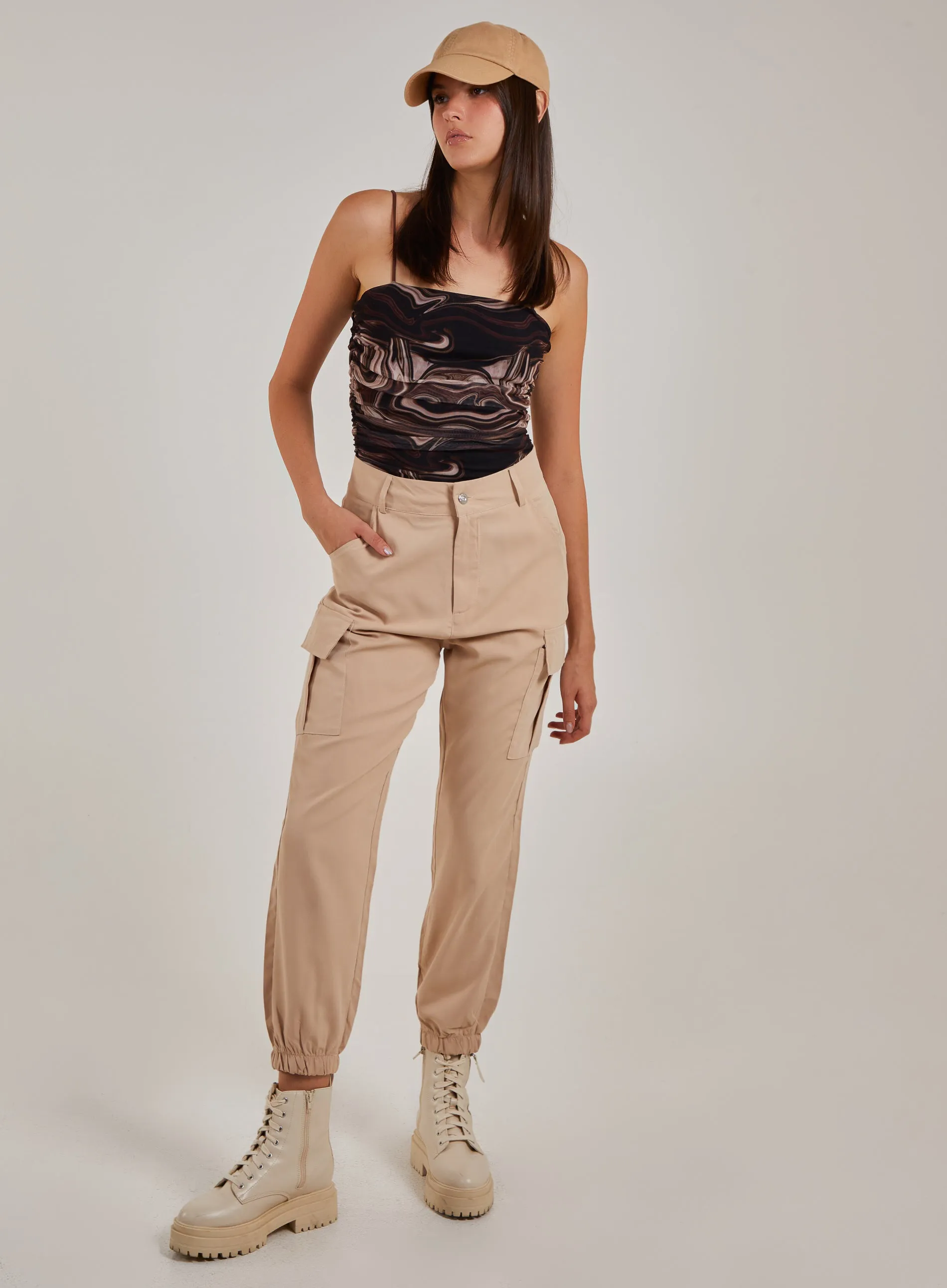 Mesh Marble Ruched Cami Strap Bodysuit
