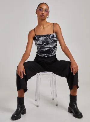 Mesh Marble Ruched Cami Strap Bodysuit