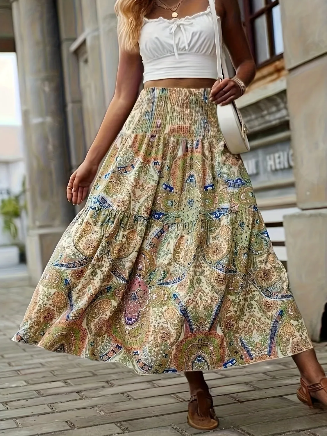 Molly Full Size Tiered Smocked Printed High Waist Skirt