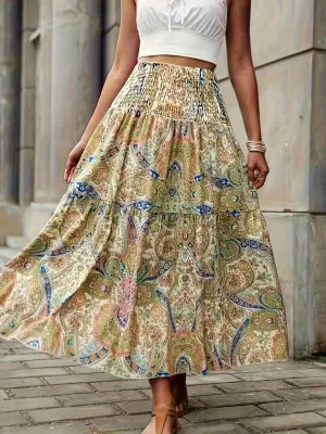 Molly Full Size Tiered Smocked Printed High Waist Skirt