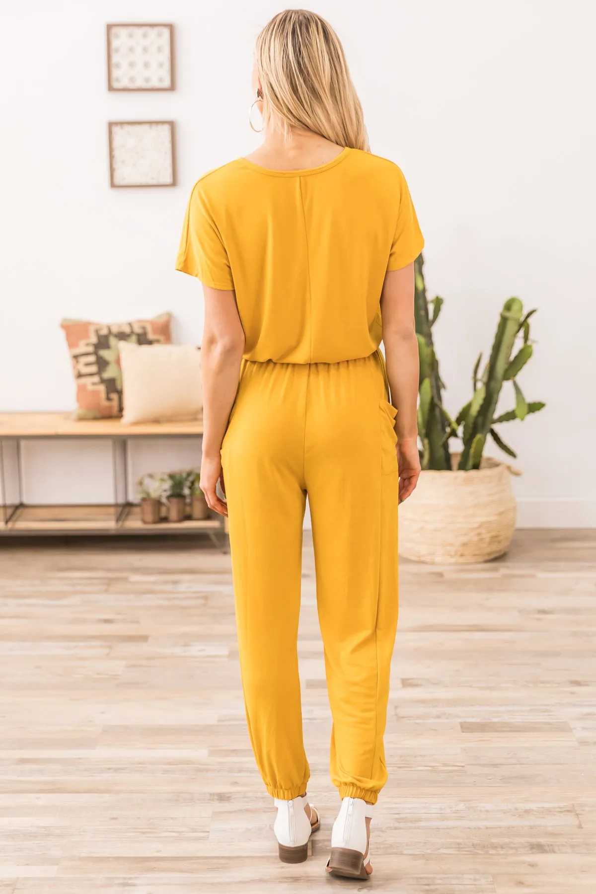 Mustard Short Sleeve Jumpsuit with Pockets