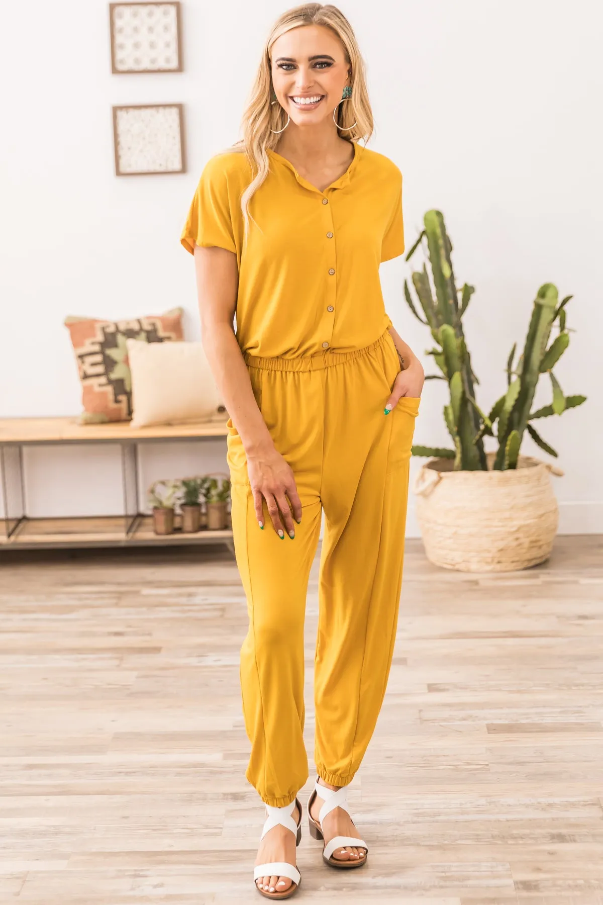 Mustard Short Sleeve Jumpsuit with Pockets