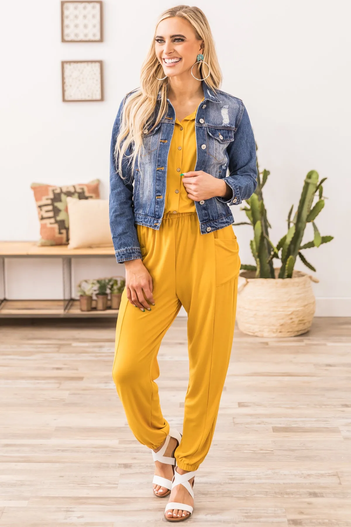 Mustard Short Sleeve Jumpsuit with Pockets