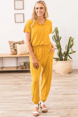Mustard Short Sleeve Jumpsuit with Pockets