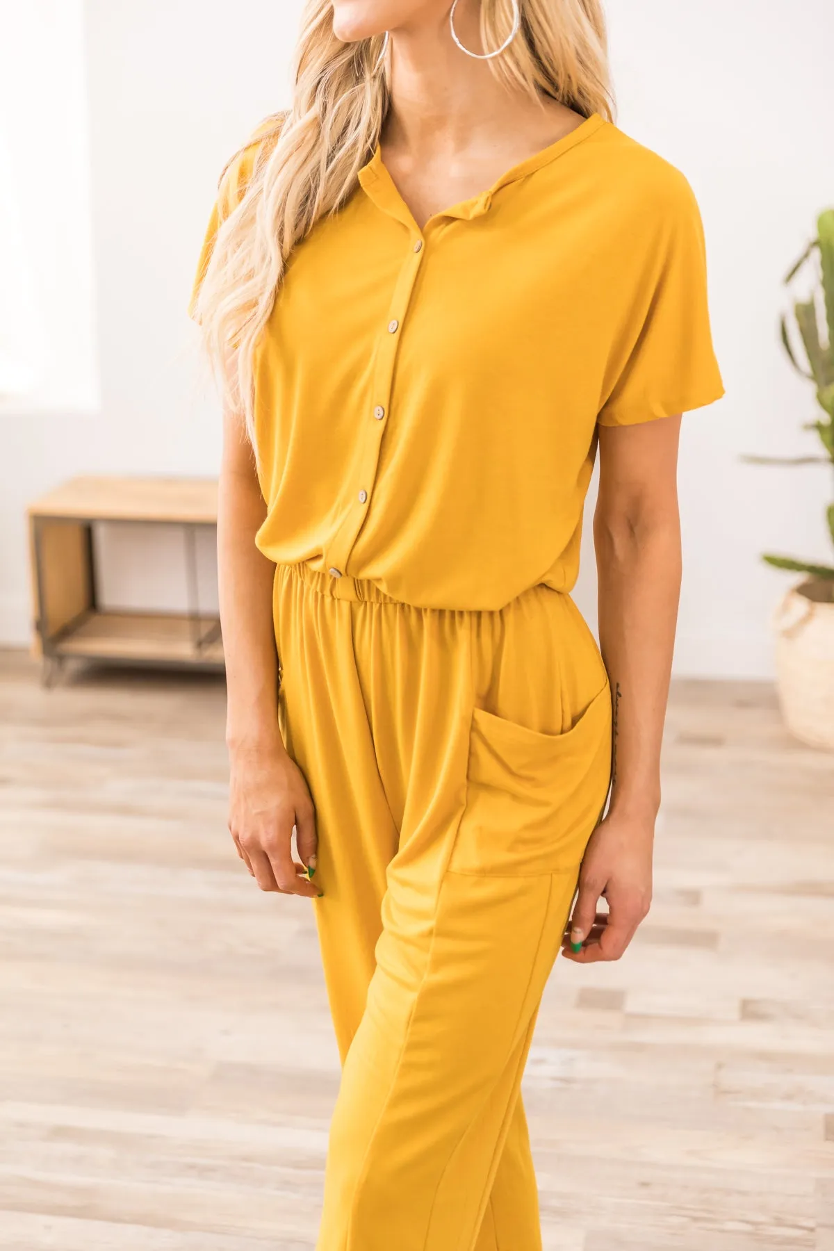 Mustard Short Sleeve Jumpsuit with Pockets