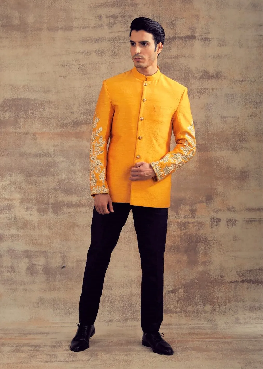 Mustard Yellow Jodhpuri Jacket With Embroidered Sleeves