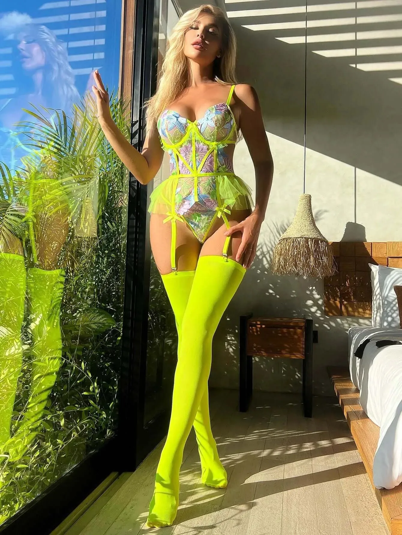 Neon Floral Lingerie Set With Stockings