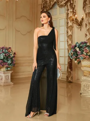 One Shoulder Sequin Ribbon Black Casual Jumpsuits RA60134