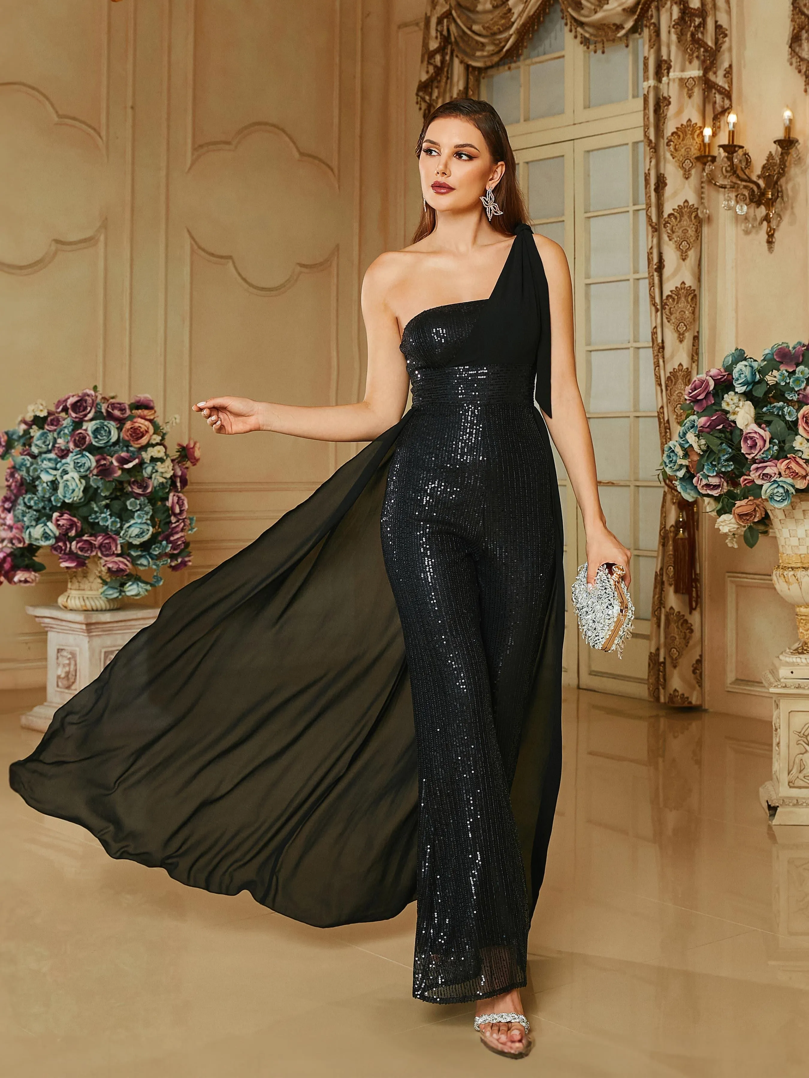 One Shoulder Sequin Ribbon Black Casual Jumpsuits RA60134